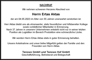 Traueranzeige von Ertas Aktas von Frankenpost