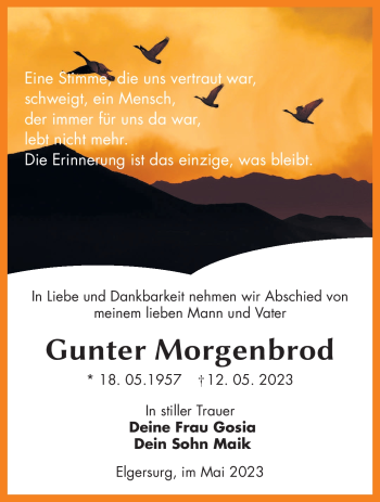 Traueranzeige von Gunter Morgenbod von Südthüringer Presse