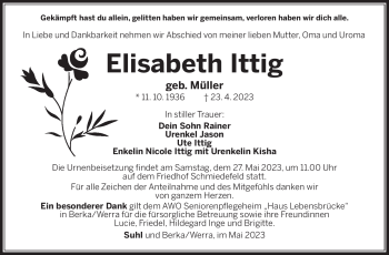 Traueranzeige von Elisabeth Ittig von Südthüringer Presse