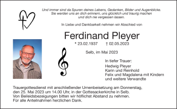 Traueranzeige von Ferdinand Pleyer von Frankenpost