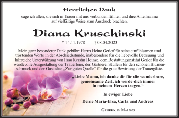 Traueranzeige von Diana Kruschinski von Südthüringer Presse