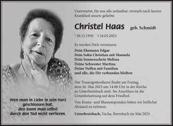 Traueranzeige von Christel Haas von Südthüringer Presse