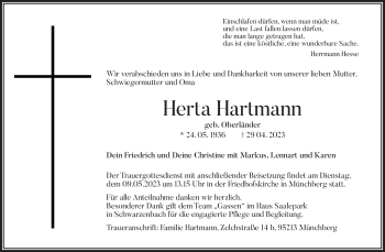 Traueranzeige von Herta Hartmann von Frankenpost