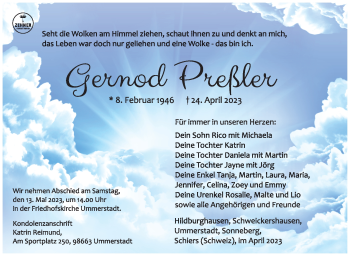 Traueranzeige von Gernod Preßler von Südthüringer Presse