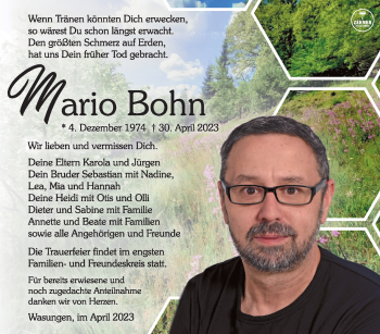 Traueranzeige von Mario Bohn von Südthüringer Presse