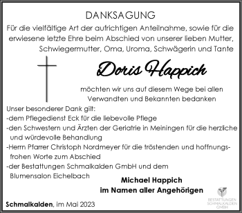 Traueranzeige von Doris Happich von Südthüringer Presse