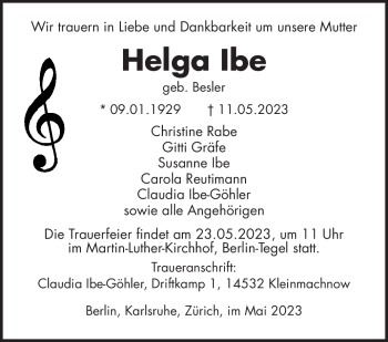 Traueranzeige von Helga Ibe von Südthüringer Presse