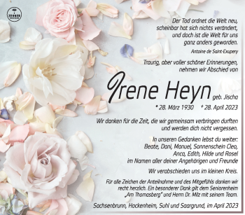Traueranzeige von Irene Heyn von Südthüringer Presse