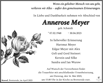 Traueranzeige von Annerose Meyer von Südthüringer Presse