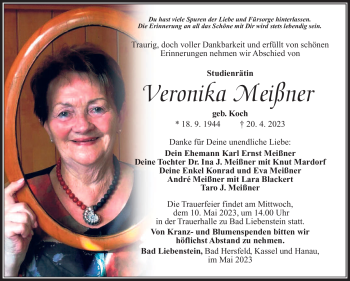 Traueranzeige von Veronika Meißner von Südthüringer Presse