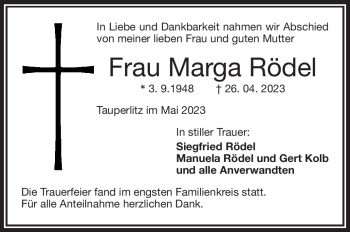 Traueranzeige von Marga Rödel von Frankenpost