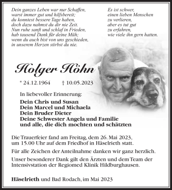 Traueranzeige von Holger Höhn von Südthüringer Presse
