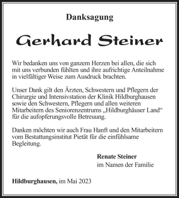 Traueranzeige von Gerhard Steiner von Südthüringer Presse