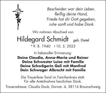 Traueranzeige von Hildegard Schmidt von Frankenpost