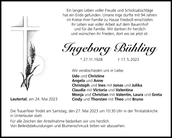 Traueranzeige von Ingeborg Bühling von Neue Presse Coburg