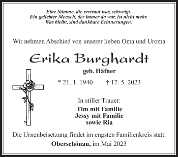 Traueranzeige von Erika Burghardt von Südthüringer Presse