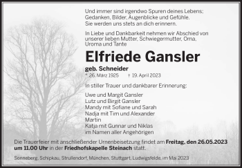 Traueranzeige von Elfriede Gansler von Südthüringer Presse