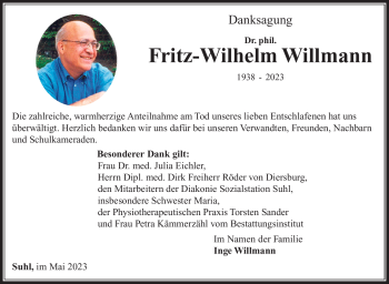 Traueranzeige von Fritz-Wilhelm Willmann von Südthüringer Presse
