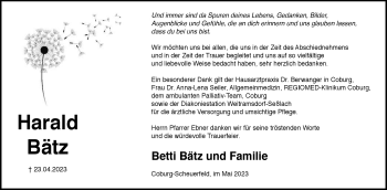 Traueranzeige von Harald Bätz von Neue Presse Coburg
