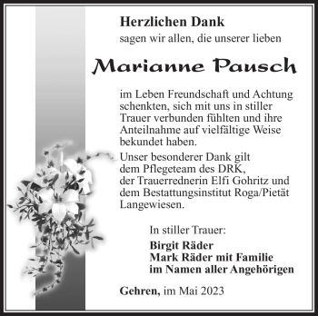 Traueranzeige von Marianne Pausch von Südthüringer Presse