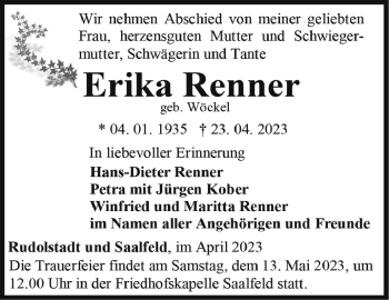 Traueranzeige von Erika Renner von Südthüringer Presse