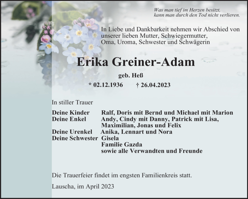  Traueranzeige für Erika Greiner-Adam vom 20.05.2023 aus Südthüringer Presse