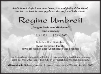 Traueranzeige von Regine Umbreit von Südthüringer Presse