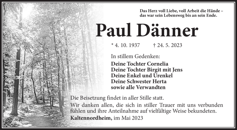  Traueranzeige für Paul Dänner vom 27.05.2023 aus Südthüringer Presse