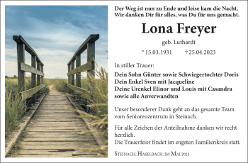 Traueranzeige von Lona Freyer von Südthüringer Presse