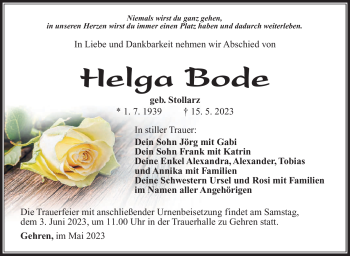 Traueranzeige von Helga Bode von Südthüringer Presse