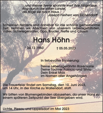 Traueranzeige von Hans Höhn von Südthüringer Presse