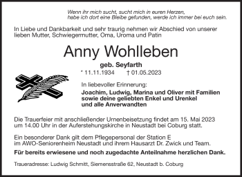 Traueranzeige von Anny Wohlleben von Neue Presse Coburg