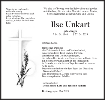 Traueranzeige von Ilse Unkart von Südthüringer Presse