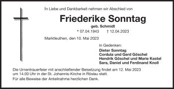 Traueranzeige von Friederike Sonntag von Frankenpost