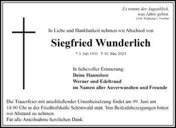 Traueranzeige von Siegfried Wunderlich von Frankenpost