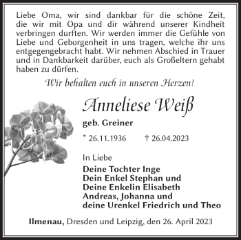 Traueranzeige von Anneliese Weiß von Südthüringer Presse