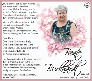 Traueranzeige von Beate Burkhardt von Südthüringer Presse