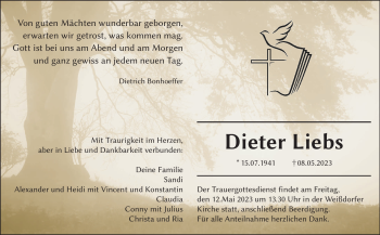Traueranzeige von Dieter Liebs von Frankenpost