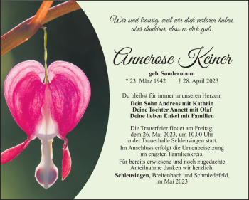 Traueranzeige von Annerose Keiner von Südthüringer Presse