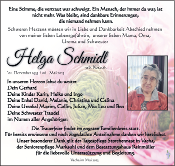 Traueranzeige von Helga Schmidt von Südthüringer Presse