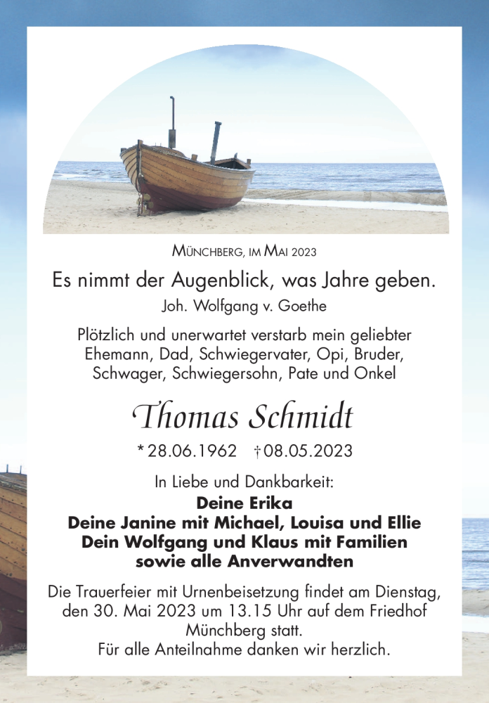  Traueranzeige für Thomas Schmidt vom 25.05.2023 aus Frankenpost