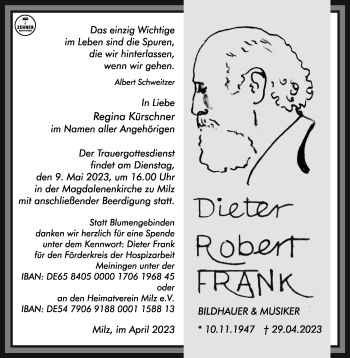Traueranzeige von Dieter Frank von Südthüringer Presse