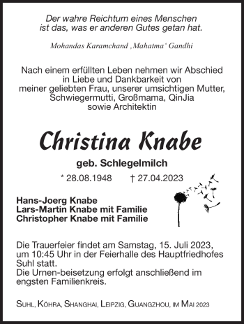 Traueranzeige von Christina Knabe von Südthüringer Presse