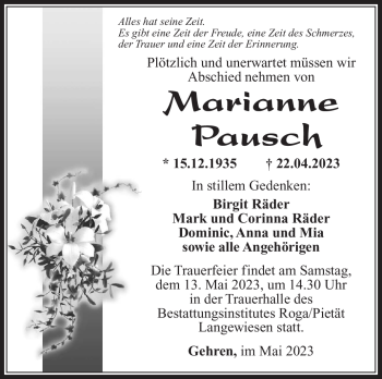 Traueranzeige von Marianne Pausch von Südthüringer Presse