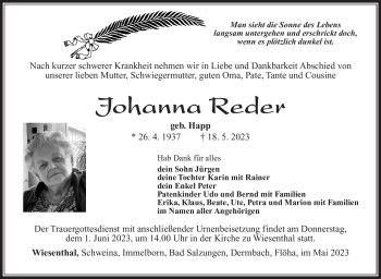 Traueranzeige von Johanna Reeder von Südthüringer Presse