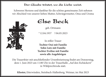Traueranzeige von Else Beck von Südthüringer Presse