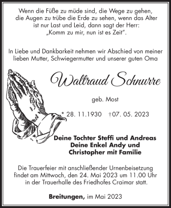Traueranzeige von Waltraud Schnurre von Südthüringer Presse