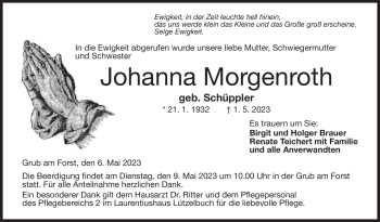 Traueranzeige von Johanna Morgenroth von Neue Presse Coburg