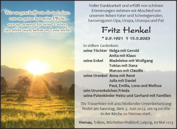 Traueranzeige von Fritz Henkel von Südthüringer Presse