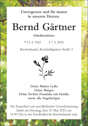 Traueranzeige von Bernd Gärtner von Frankenpost